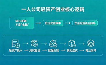 一人公司轻资产创业，核心逻辑不是“省钱”，而是用极低的试错成本，快速跑通商业闭环。