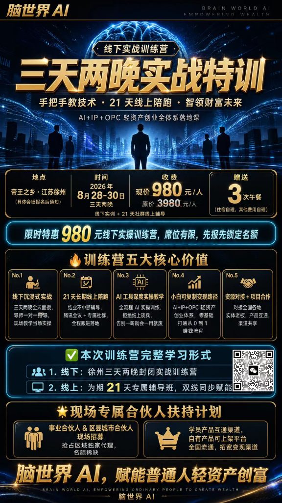 抓住 AI 创业风口!脑世界 AI 三天两晚实战特训营落地徐州,手把手带你轻资产创富